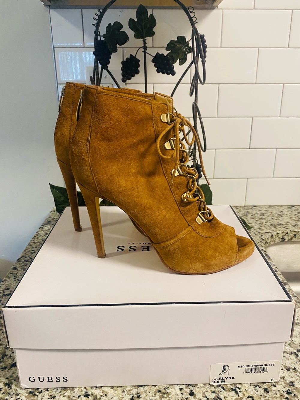 GUESS Tan Brown Suede Lace-Up Peep Toe Stiletto Ankle Boots